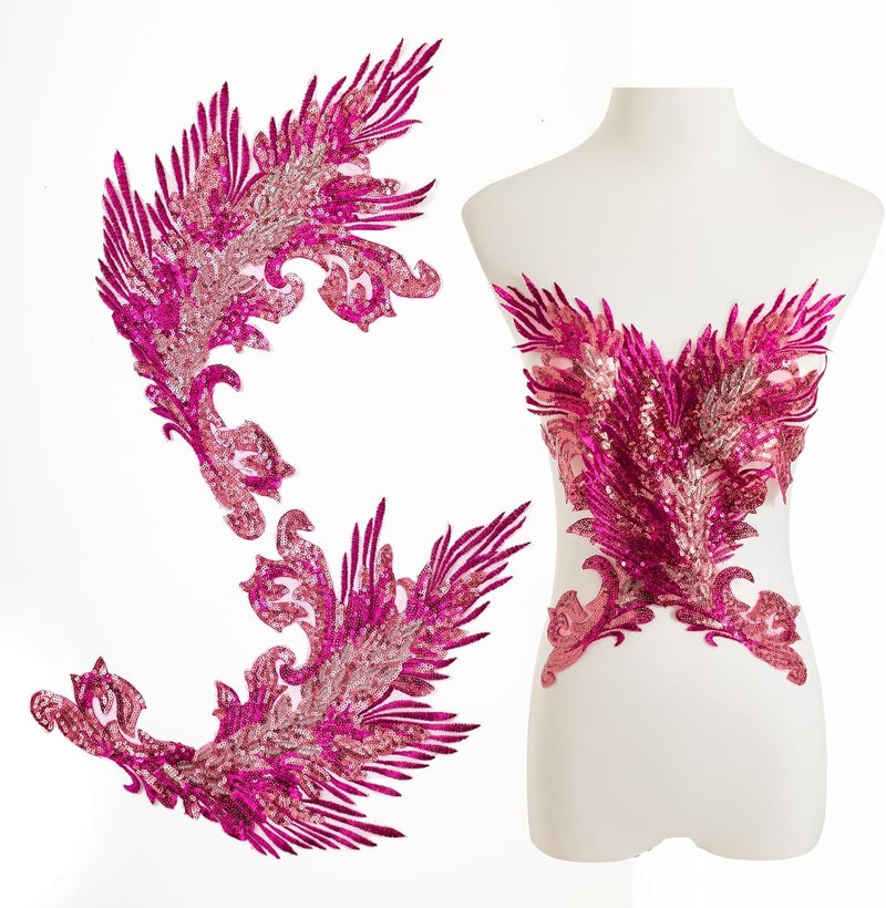 Silvora Pair Embroidery Phoenix Costume Sequin Appliques Patches, Peacock Feather Tail Applique Embellishments for Dance Dresses,Clothes,T-Shirt，Neckline Bodice Pants (Rose red) - Image 1